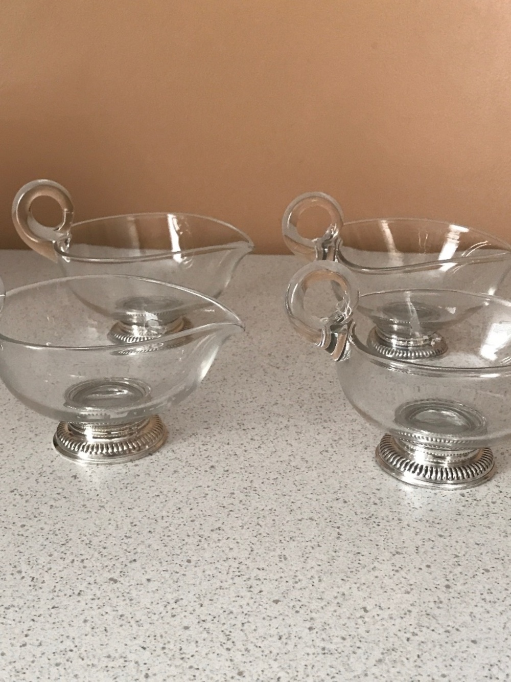 Set of 4 Frank M Whiting Sterling Blown Glass Gravy Boat w/ Sterling Silver Base